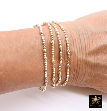 14K Gold Filled Nugget Beaded Bracelet, 925 Sterling Silver Mixed Metal Stretchy Women's Bangle, Faceted Nugget Stacking Bracelets, Handmade